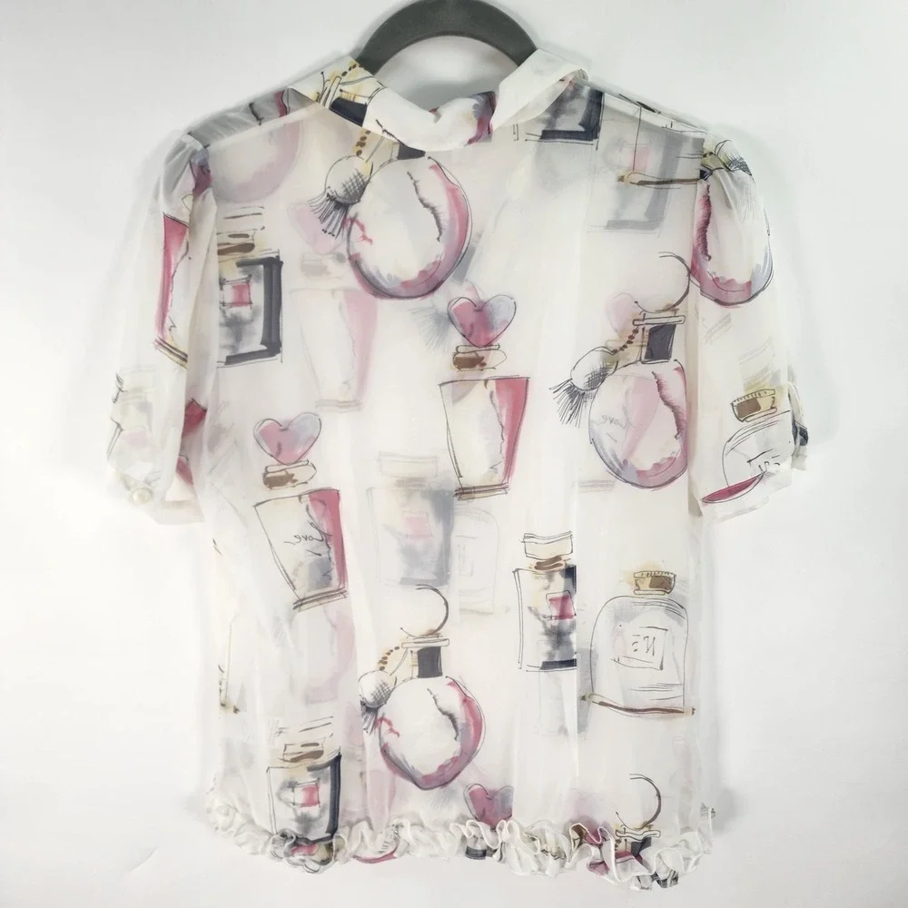 CAbi Top Women's S Sheer Paris Perfume Bottle Ruffle Dainty Whimsical White